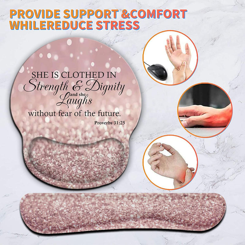 Ergonomic Mouse Pad Wrist Support Gel and Keyboard Wrist Rest Set for Laptop, Mac, Gaming and Office, Durable, Comfortable and Pain Relief + Coaster, Proverbs 31:25,Bible Verse Pink Glitter