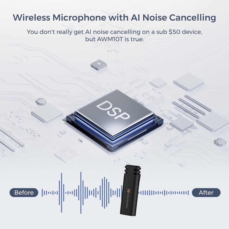Wireless Lavalier Microphone for iPhone Android Tablet PC, Lapel Microphone Wireless with 2.4G Ultra-Low Delay, Noise Cancellation, Mute Button, 6H for Record, Vlog, Podcast (AWM10T-Plus) AWM10T-Plus