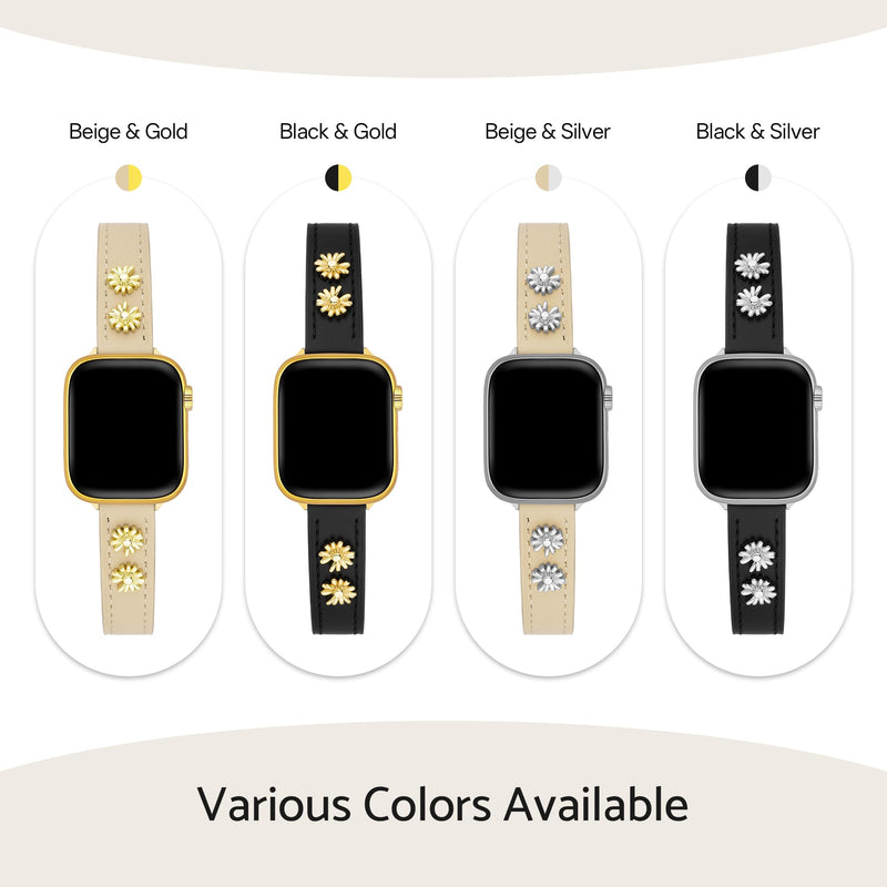 Daisy Genuine Leather Watch Band for Women Compatible with Apple Watch 38/40/41/42/44/45/46/49mm, for iWatch 11/10/9/8/7/6/5/4/3/2/1 Ultra SE, Copper Flower Strap Black & Gold 42(Series 10-11)/38/40/41mm