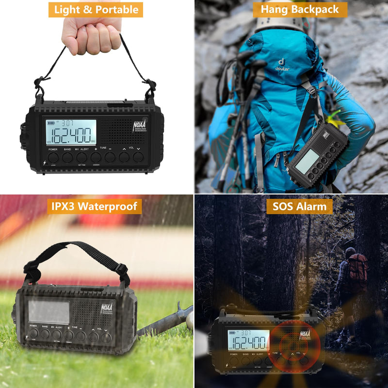 Raynic NOAA Weather Radio,5000mAh/18500mWh Solar Hand Crank Emergency Radio, Battery Powered Portable Radio with AM/FM/SW/NOAA, Cell Phone Charger, Type-C Charging, Flashlight and SOS Siren Black-LCD Display