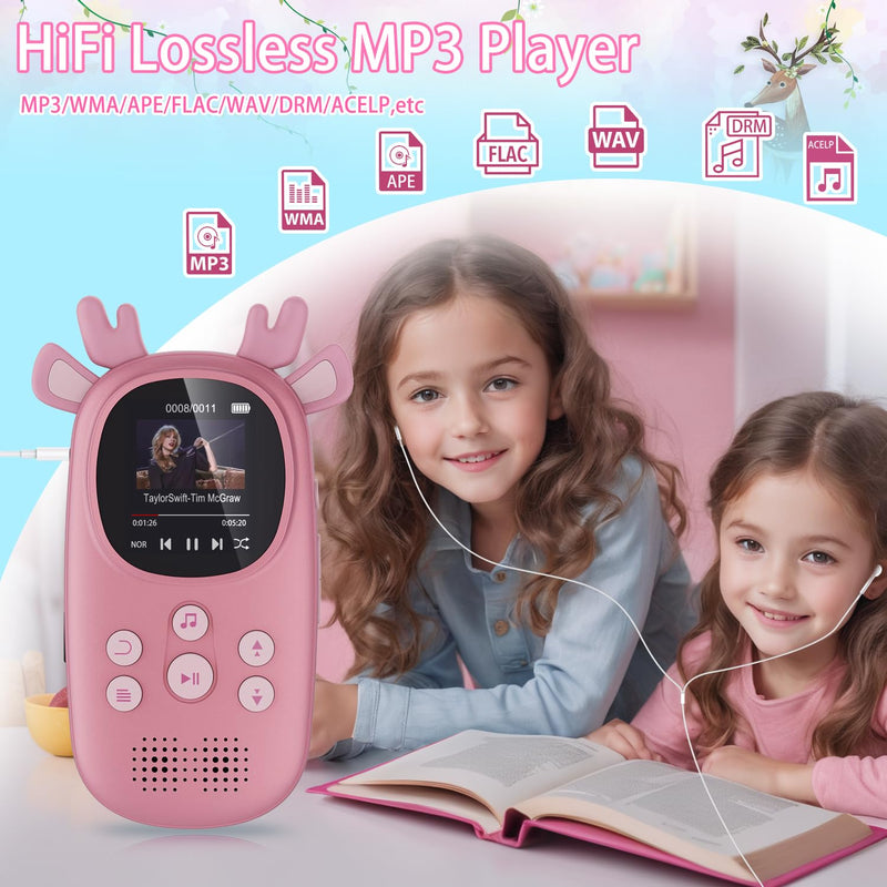 [AUSTRALIA] - 64GB MP3 Players for Kids, Cute Reindeer Portable Music Bluetooth Kid MP3 Player, Child MP3 Player with Bluetooth 5.3,Speaker, FM Radio, Alarm Clock, Voice Recorder, Stopwatch (Support up to 128GB) 64GB Pink 