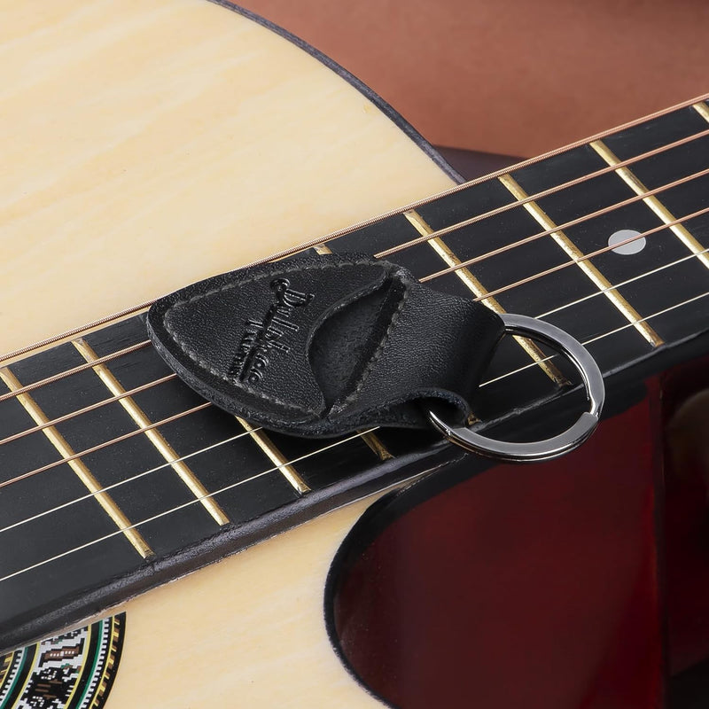 Guitar Picks Holder Keychain with 3 Picks, Genuine Leather Handmade Plectrum Cases Bag (Black) Black