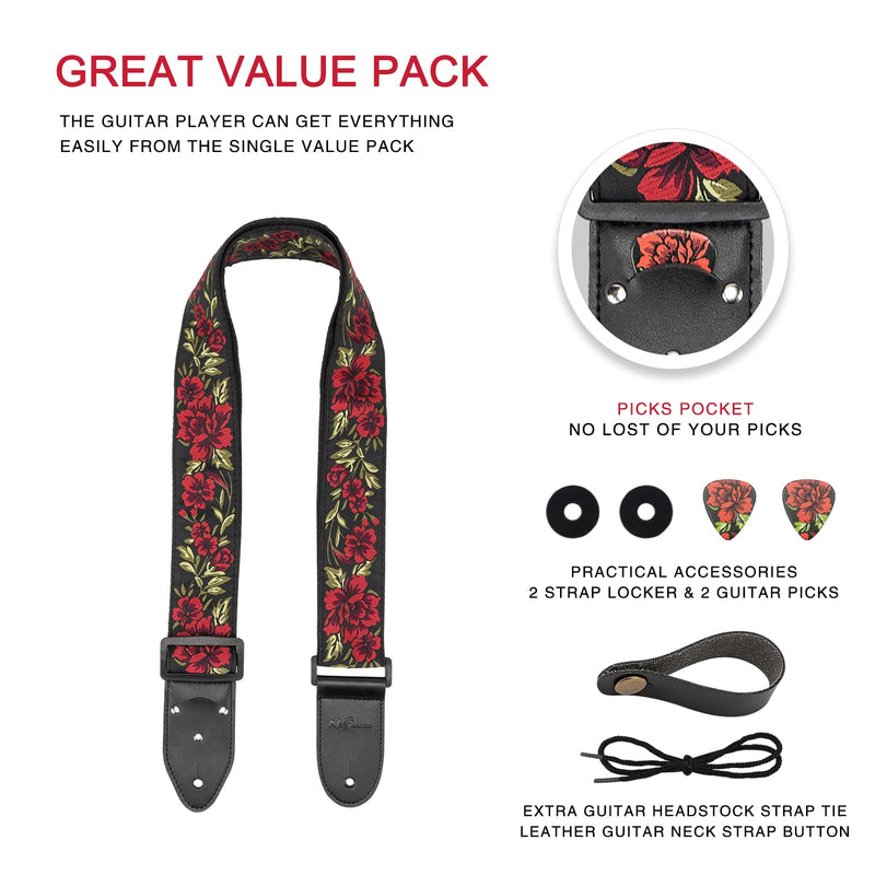 Adjustable Guitar Strap for Electric/Acoustic Guitar/Bass, Includes 2 Picks + Strap Locks + Strap Button, Cotton Jacquard Embroidered Genuine leather Ends Guitar Straps with 1 Pick Holder, Rose Rose&strap Button