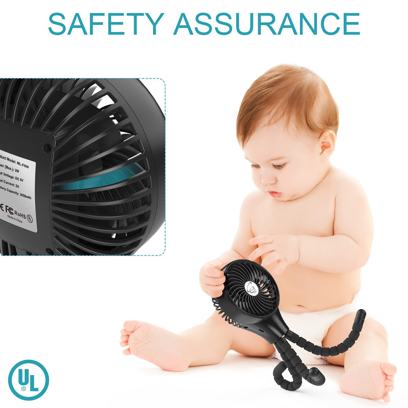 Auto Oscillating Stroller Fan, Battery Operated Fan, Portable Fan with Flexible Tripod, Ultra Quiet USB Desk Fan for Stroller/Car Seat/Treadmill/Camping/Hurricane/Outage, Black