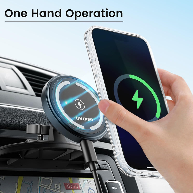 OHLPRO 15W Magsafe Car Mount Charger for iPhone 17, Fast Wireless Charging Magnetic CD Slot Holder with 3M Adhesive Base for Dashboard, Aluminum Shell, Compatible with iPhone 16 15 14 Series, Gray
