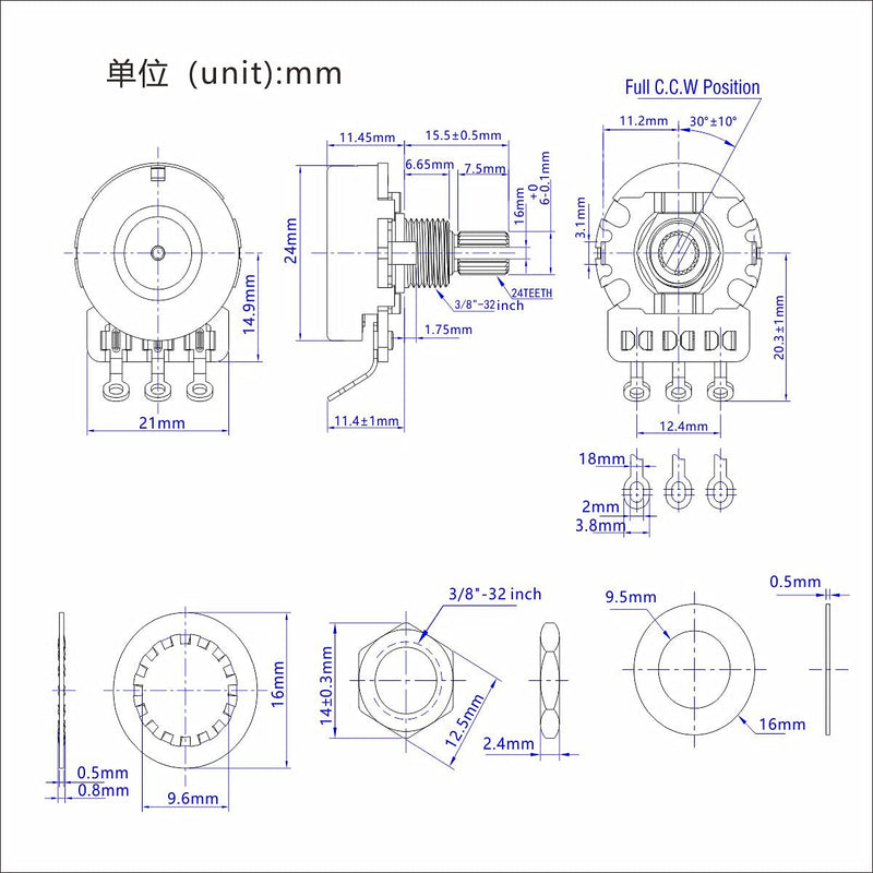 FLEOR 500K Audio Pots 15.5mm Short Split Shaft Guitar Potentiometer, Pack of 2 15.5mm Short Shaft A500K