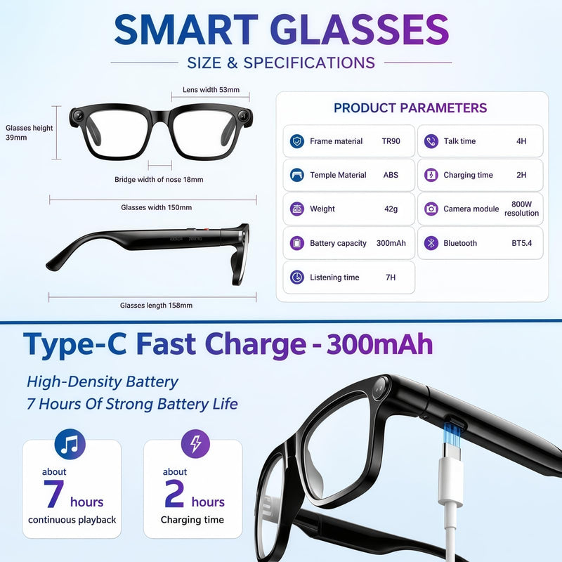 AI Smart Glasses with Camera, 8MP 4K Video Recording, Black | 8MP 4K Camera with EIS, AI Real-Time Translation, UV400 Photochromic, IP65, Bluetooth 5.4 Open-Ear Audio, 42g Ultra-Light