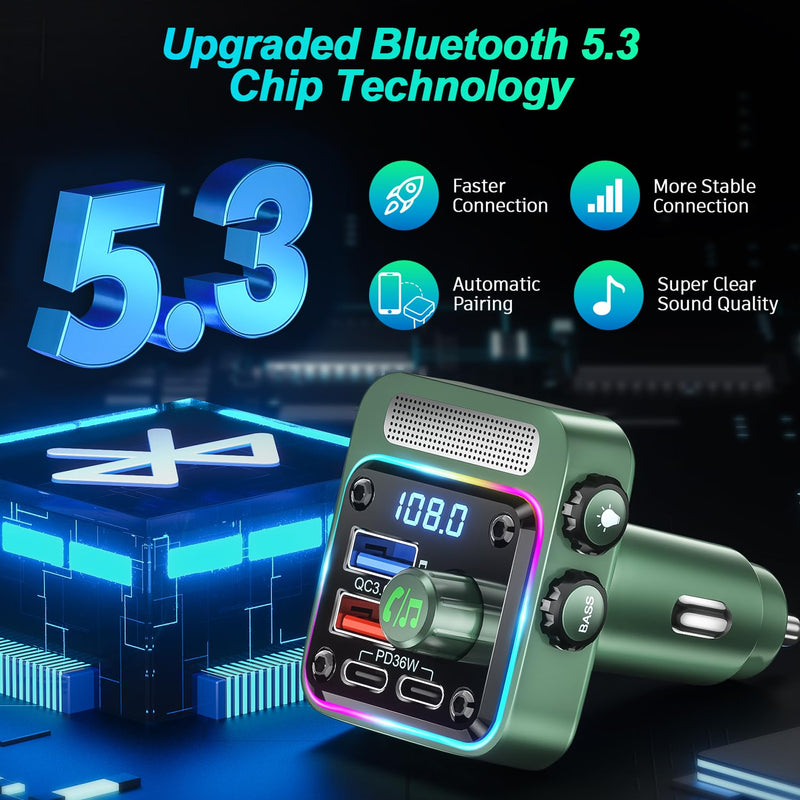 [AUSTRALIA] - Bluetooth 5.3 FM Transmitter Car Adapter - SONRU Car Charger 54W [PD 36W & QC3.0 18W], Wireless FM Radio Transmitter [HiFi Treble & Bass Player], 5 Colors LED Backlit, Hands-Free Calling, U-Disk Green 