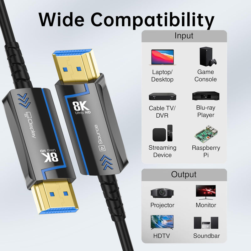 Fiber Optic HDMI Cable Speed HDMI 2.1 Cable 8K@60 4K@120Hz 48Gbps HDR eARC HDCP Compatible with UHD TV Box Projector PS5 Gold Plated Connector Ultra High Computer (Fiber Optic, 6.6FT(2M)) Fiber Optic 6.6 ft