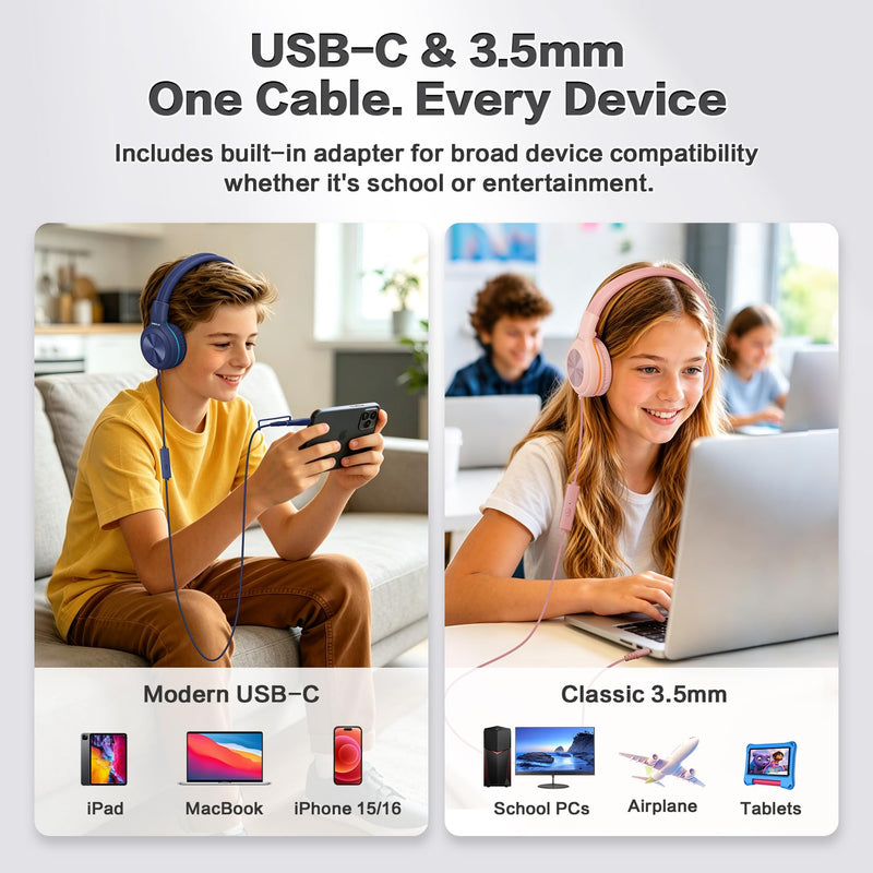 SIMOLIO Manyshare Kids Headphones for School with Microphone,PC | Share Port & Volume Limit , Durable & Portable 3.5mmOver-Ear Headset with Pouch for Online learning,School,Travel,Tablet Sleek Black & Fresh Green