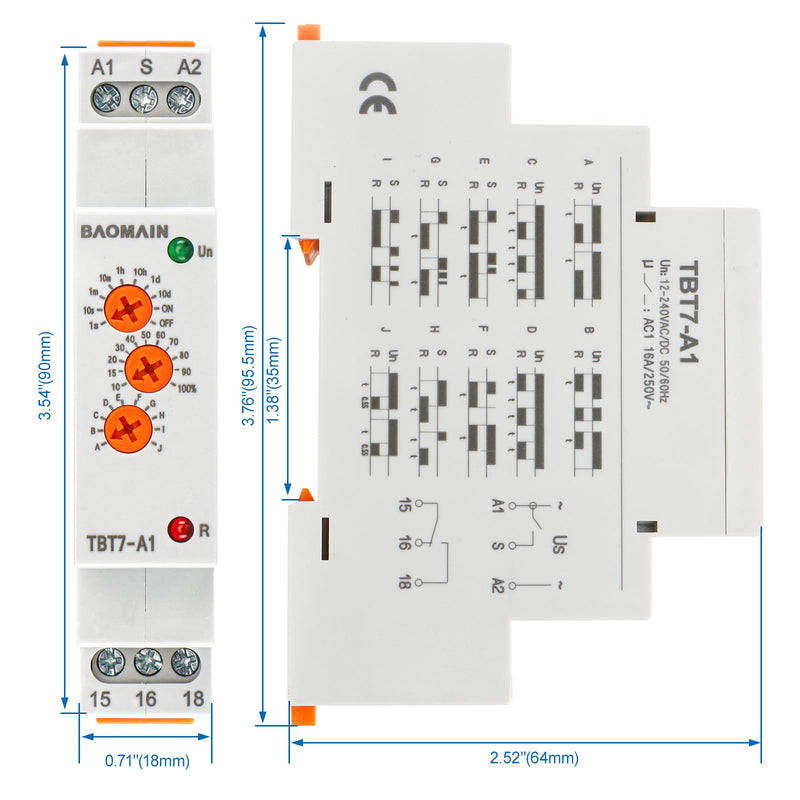 Baomain Multi-Function Time Relay, 16A SPDT 10-Functions, DIN Rail Mounting Timer Relay TBT7-A1 (1-SPDT, 12-240VAC/DC)