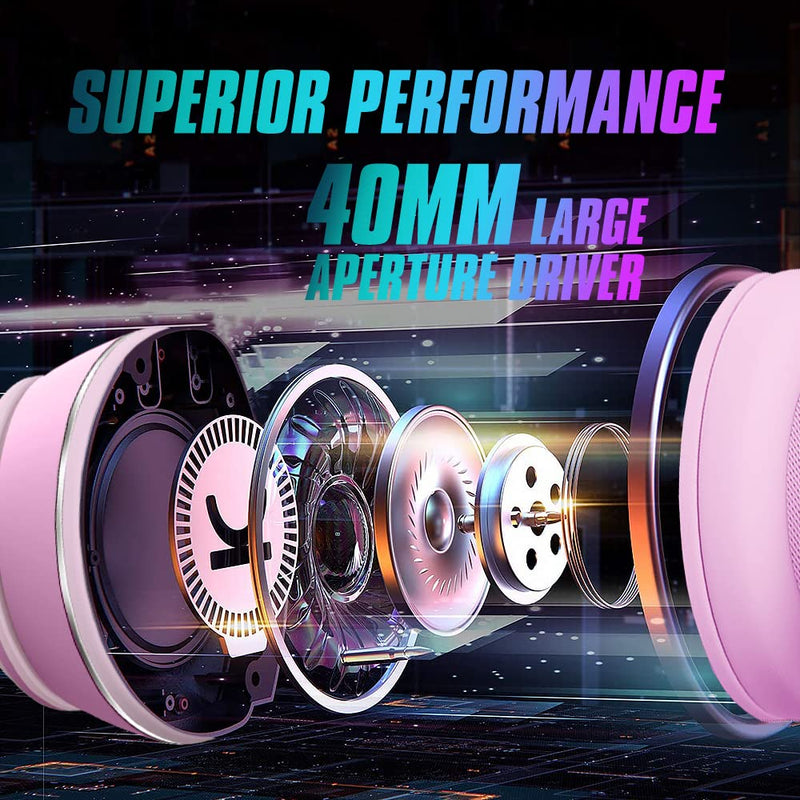 Mokata Gaming Bluetooth 5.0 Wireless Headphones Over Ear Cat LED Light Foldable Music Headset with AUX 3.5mm Microphone (Built-in) for Adult & Kids PC TV Game Music Pad Laptop Cellphone Pink Bluetooth Wireless