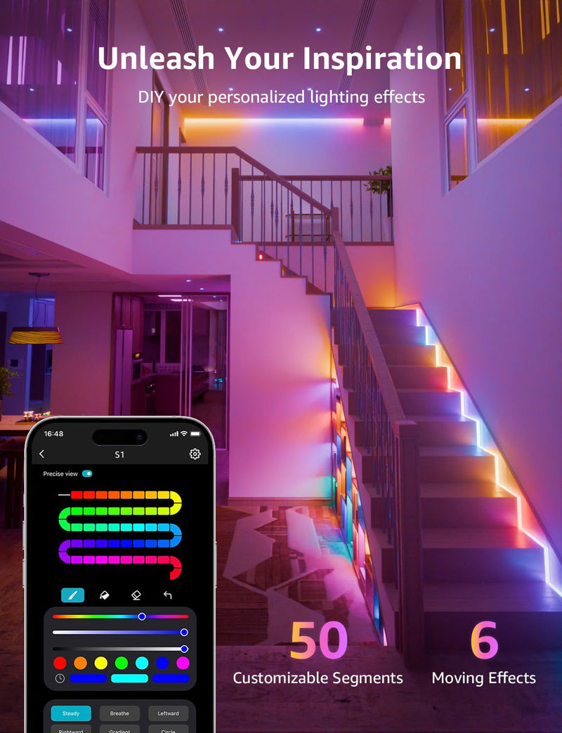 [AUSTRALIA] - Lepro S1 AI LED Strip Lights for Bedroom - 32.8ft Smart RGB Light Strips with IC and Rainbow Chasing Effects, Color Segment DIY, Personalized Al Lighting Designer, No Remote, 2.4G Wi-Fi & Bluetooth 