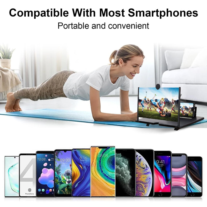 Screen Magnifier for Phone, 12inch HD Mobile Phone Magnifier Screen Enlarger for Movies Videos Games, Clear, Lightweight Foldable Mobile Holder Compatible with All Smartphones (Black) Black 12 Inch