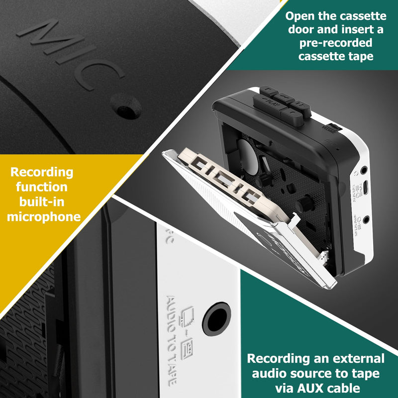 Reshow Portable Cassette Player with Built-in Speaker and Headphone Jack, USB C Cassette to MP3 Converter, Reverse Recording to Tape, Walkman Cassette Recorder, Full Stereo Sound-White White
