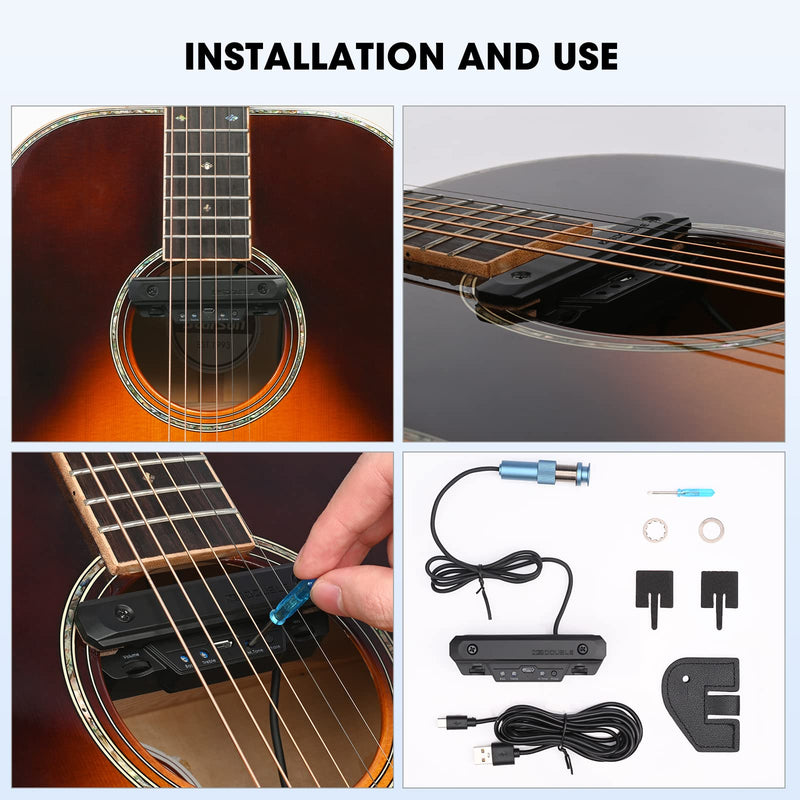 Acoustic Guitar Pickup Rechargable Active Soundhole Guitar Pickup Adjustable Pickup for Guitar Magnetic Coil Build-in Volume Control Guitar Microphone Acoustic Pickup Wired Guitar Pickup Black