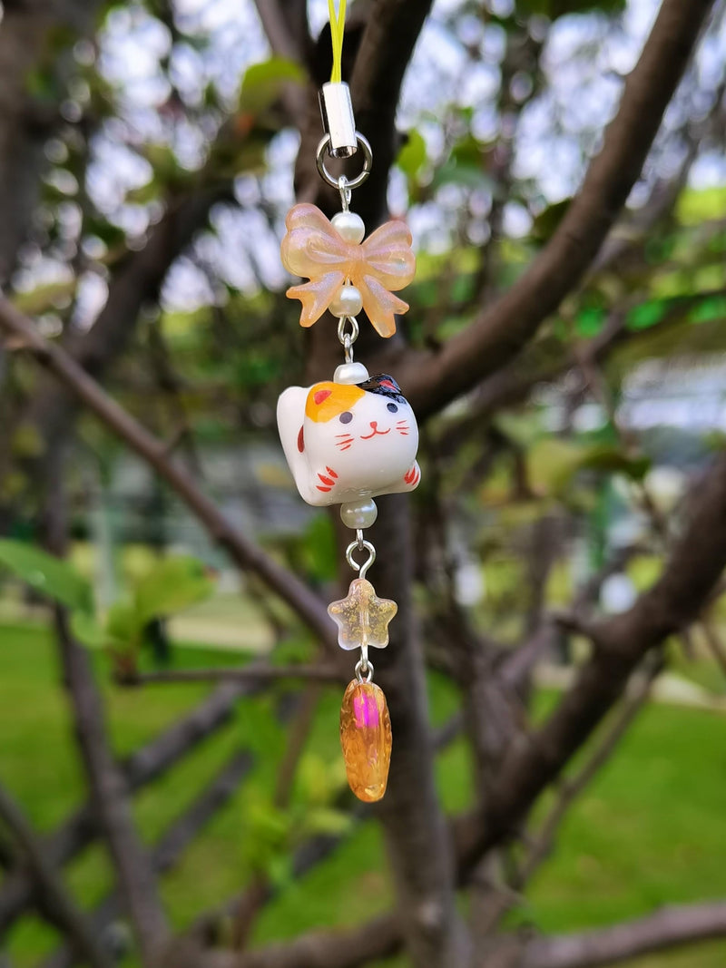 Cute Lazy Cat Phone Charm Bow Flower Fish Butterfly Beaded Aesthetic Keychain Charm Phone Charm Accessories pink