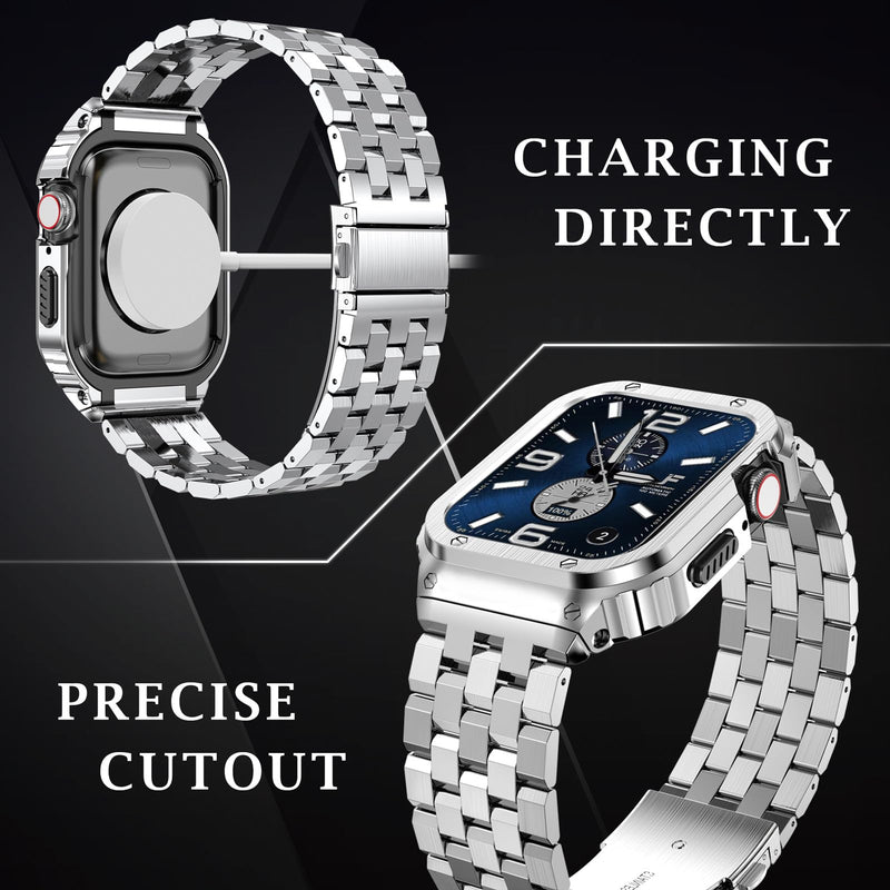 SUPLINK Stainless Steel Case Compatible with 45mm Apple Watch Bands for Men | Metal Rugged Case Protective Bumper Adjustable Bands for iWatch Apple Watch Series 9 8 7 Band, Silver 45mm(series 9/8/7)