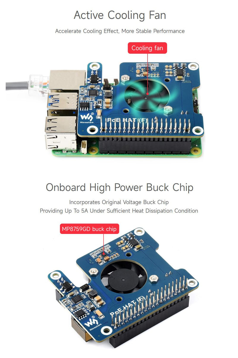 Waveshare PoE HAT (F) Compatible with Raspberry Pi 5, High Power, Onboard Cooling Fan, with Metal Heatsink, Supports 802.3af/at Network Standard