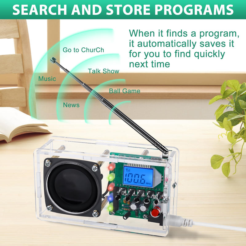 FM Radio Kit, Icstation Soldering Project Radio with LED Flashing Lights DIY Radio Kits with Headphone Jack LCD Display Soldering Practice Kit FM 76-108MHz for STEM Educational DIY Present