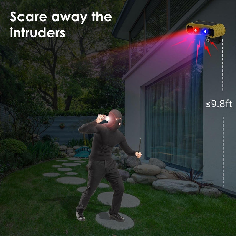 [AUSTRALIA] - HULPPRE Solar Outdoor Motion Sensor Alarm-13 Sounds Including Dog Barking&Gunshot,2*130db Loud Noise Maker,4 Modes,Red&Blue Motion Activated Strobe Light,Say Goodbye to The Intruders 4 modes,13 sounds outdoor alarm 