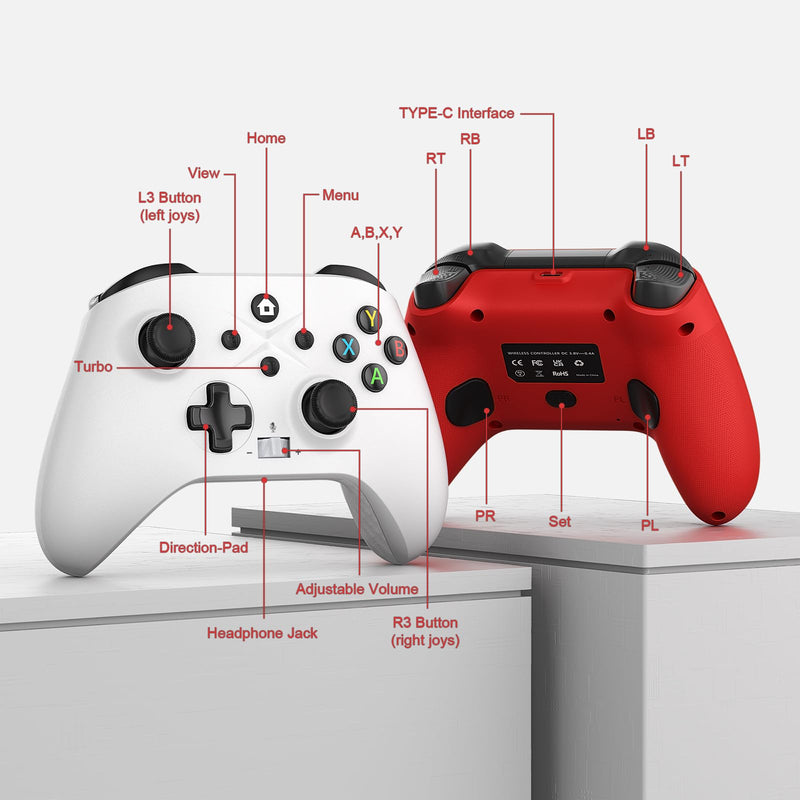 Dinosoo 2.4G Wireless Game Controller 2-Pack for Xbox One/Series X|S/PC | Hall Trigger, Dual Vibration & 3.5mm Audio white+red