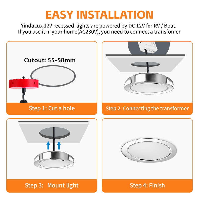 YindaLux Recessed Spotlight LED 12 V 4000 K Neutral White LED Spot Dimmable 3 W Recessed Spotlights 55-58 mm Hole Size Recessed Lights for Caravans Kitchen Wardrobe Aluminium Chrome Set of 3 4000K 3 Stück