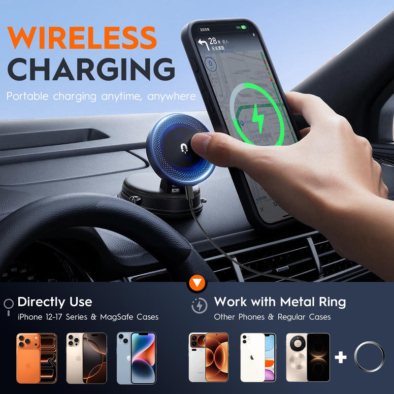 Magnetic Car Phone Holder for MagSafe, 15W Wireless Charging, 360° Adjustable Dashboard Mount, Compatible with iPhone 12-17 & Android (Black) Black