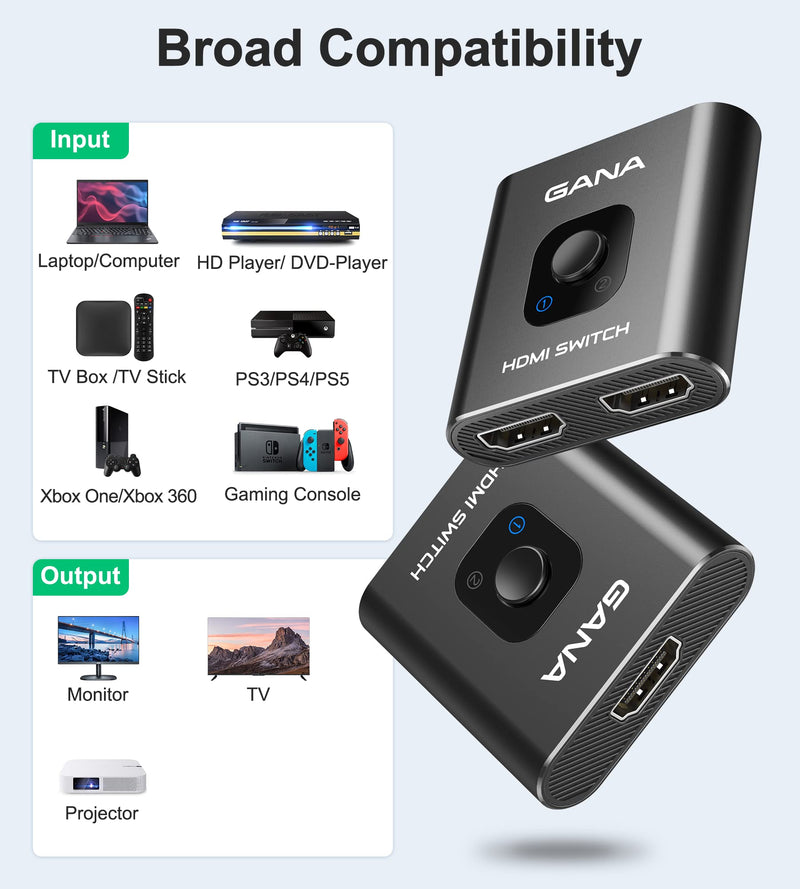 [AUSTRALIA] - HDMI Switch 4k@60hz Splitter, GANA Aluminum Bidirectional HDMI Switcher 2 in 1 Out, Manual HDMI Hub Supports HD Compatible with Xbox PS5/4/3 Blu-Ray Player Fire Stick Roku Dark Black 