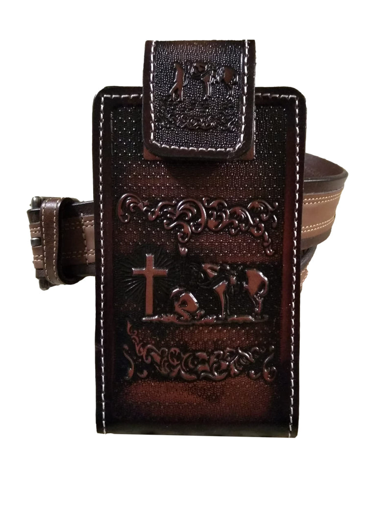 Western autentic Tooled Leather Mexican Cell Phone case for Belt. Men and Horse Pray Design. with Magnetic Closure. Universal Size (Brown) brown