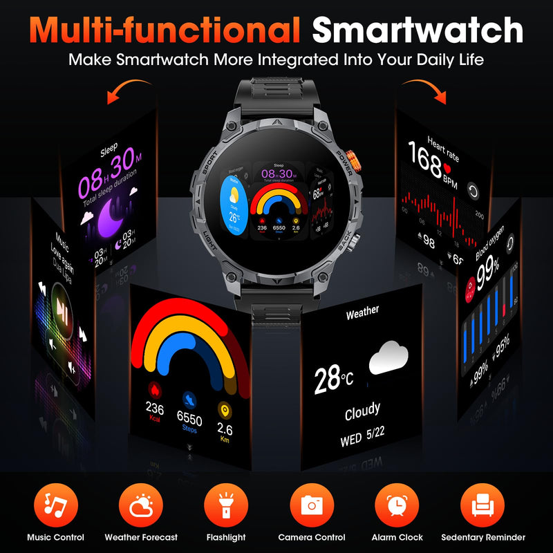 Military Smart Watches for Men,1.75″ Smartwatch with 100-Day Ultra-Long Battery/Flashlight,Fitness Watch for Heart Rate/Sleep/Calling/110+ Sports Mode Smart Watch for Android iOS 1000 mAh Black