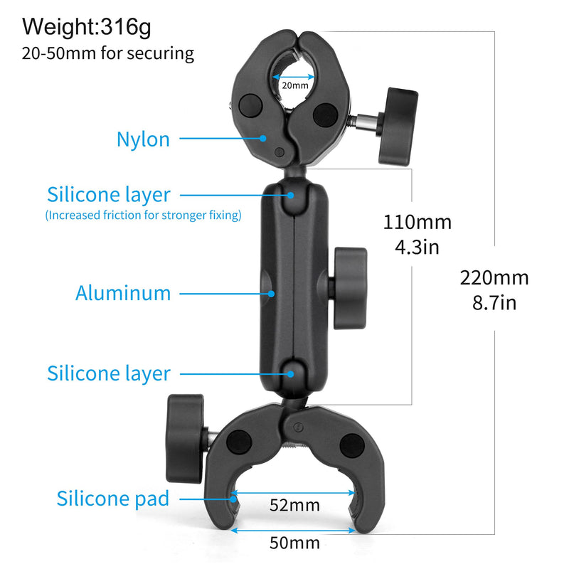 SOONSUN Double Super Clamp Camera Mount, Umbrella Clamp for Chair, Desk, Stroller, Wagons, Tripod, Pole, Light Stand, Cross Bar, Golf Cart, Motorcycle, Boom Stand, with 360° Magic Arm for Photography