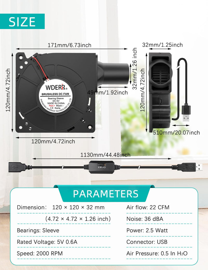 120mm x 32mm USB 5V Brushless Centrifugal Blower Multi-Speed Control Fan with Tube for Small Electric BBQ Grill Air Bellow Inflatable Replacement