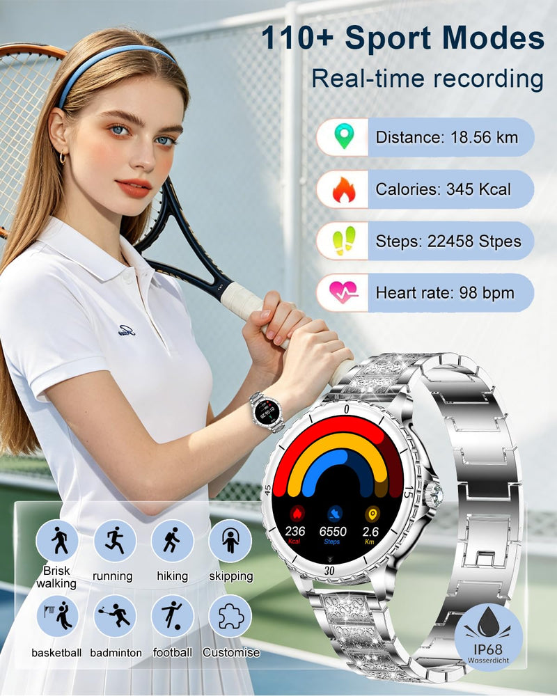 Smart Watches for Women(Answer/Make Call) with Diamond, 1.27" HD Bluetooth Smartwatch for Android iOS Phones, IP68 Fitness Tracker with Heart Rate, SpO2, Sleep Monitor, 120+ Sports, Silver