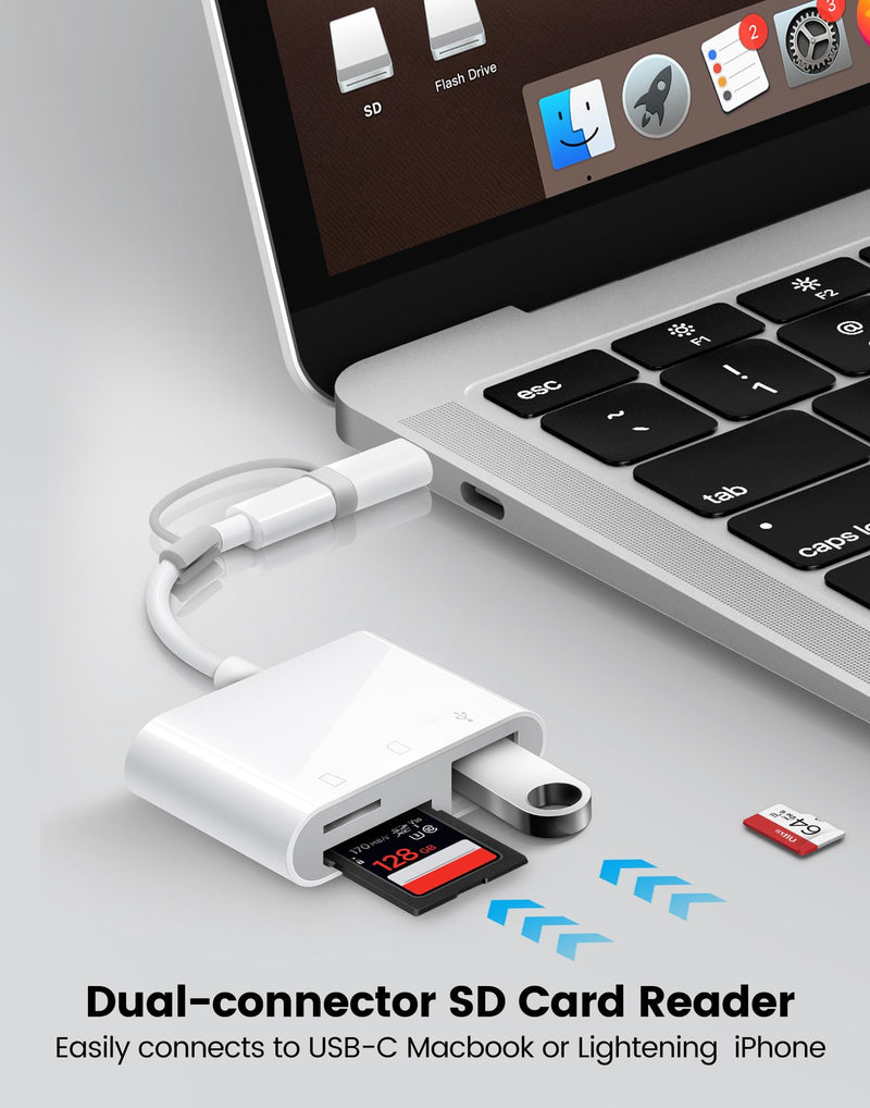 SD Card Reader for iPhone iPad Trail Camera Viewer 3-in-1 SD Adapter with Dual Slots & USB Port, Memory Card Adapter Dual-connector Design with Lightening&USB-C for Photographers, Plug & Play 3 Slots to (Lightning+USBC)