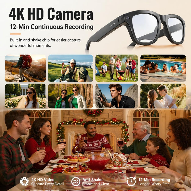 AI Smart Glasses with 8MP 4K Camera Glasses, 2026 1200P Video Recording Glasses for Women & Men, 139 Languages Real-Time Translation, Voice Assistant, Open-Ear Audio for Travel, Meetings & Vlogging