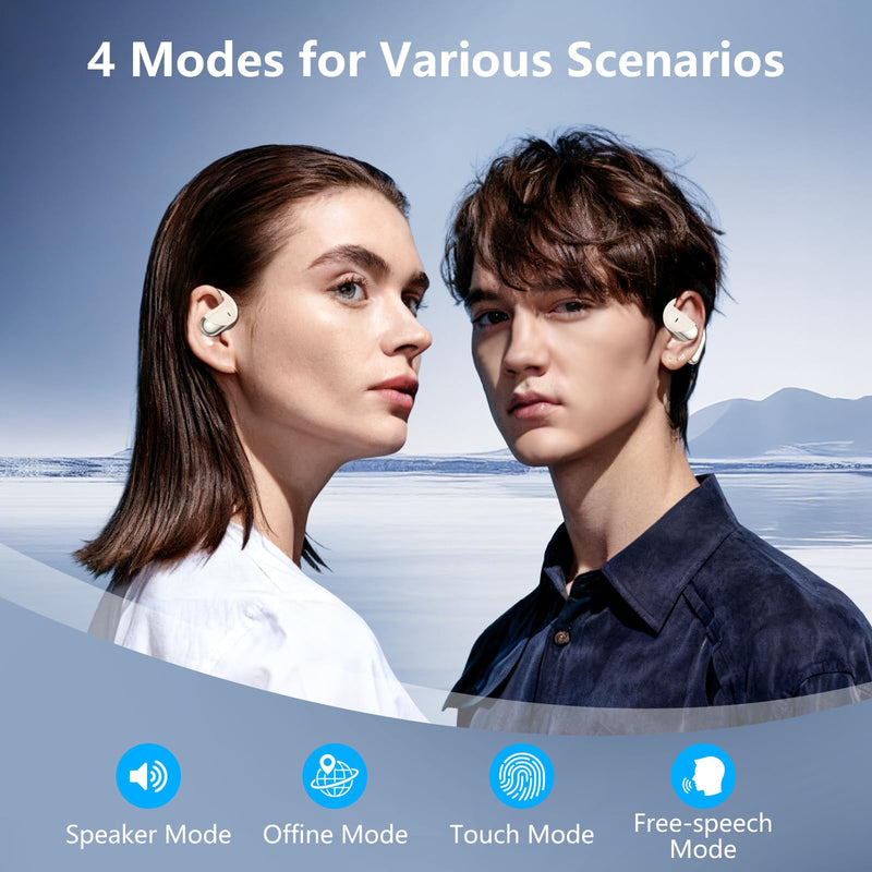 Open Ear Clip Wireless Earbuds Headphones, Bluetooth 5.4, Open Ear Design, Built-in Mic, IPX7 Waterproof, LED Display Charging Case,Ear Hooks Ear Buds Ultra for Fitness/Travel/Gym/Running/workout off-white