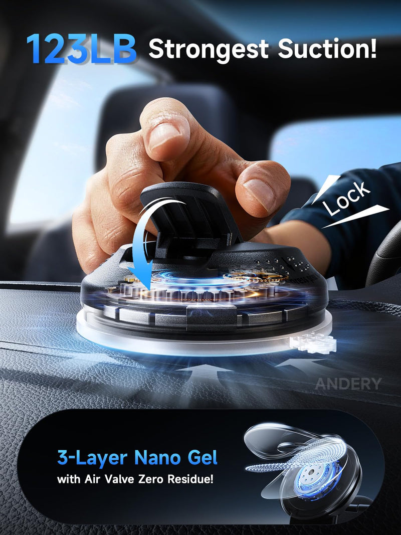 ANDERY Only for iPhone Magsafe Car Mount [360° Adjustable Memory Alloy Arm] | 2400gf Strong Magnetic Power, Bendable Phone Holders for Your Car, Car Phone Holder with Dashboard Pad, for iPhone 17-12