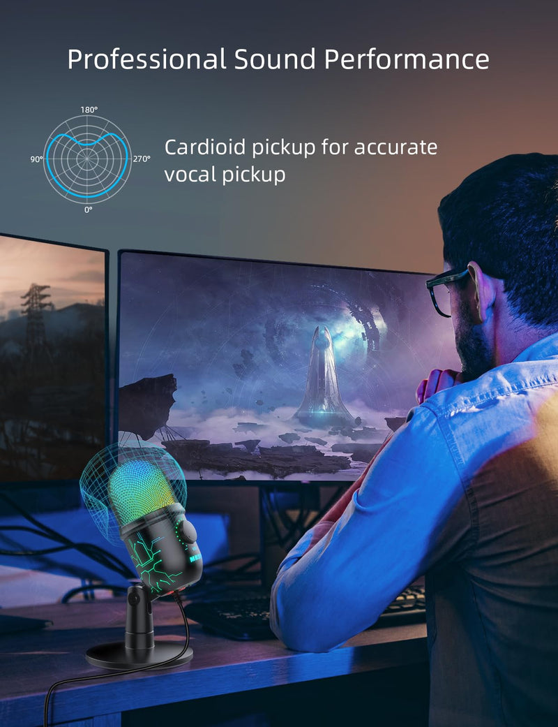 Gaming Microphone, USB Computer Microphone for PC, Mac, PS4/5, Condenser Podcast Mic for Studio Recording, YouTube, Streaming, with Headphone Jack, Led Light, Mute, Gain, Noise Cancellation V5-P