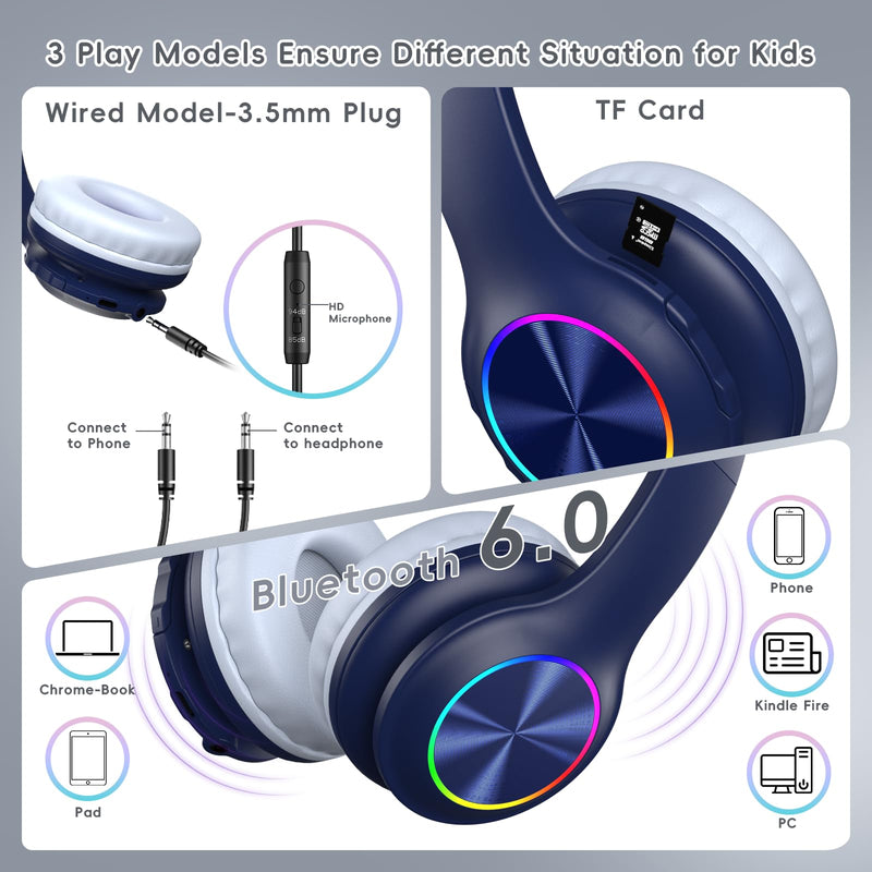 [AUSTRALIA] - Candy Bila Kids Bluetooth 6.0 Headphones with LED Light, 85Hours Playtimes, Type-C Fast Charging, 85/94dB Volume Limited, Comfort Wireless Headphones with Built-in Mic, Wired & TF Card Mode, Navy Blue 