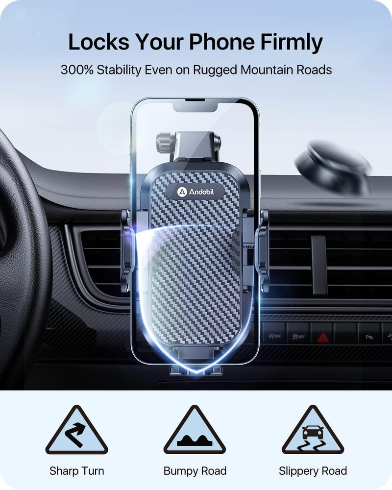 andobil Car Phone Holder, 2026 Military-Grade 89lbs Strongest Suction Phone Holders for Your Car Dashboard/Windshield/Vent Easy Clamp Car Phone Mount Stand for iPhone 17 16 15 14 13 Pro Max Samsung Black