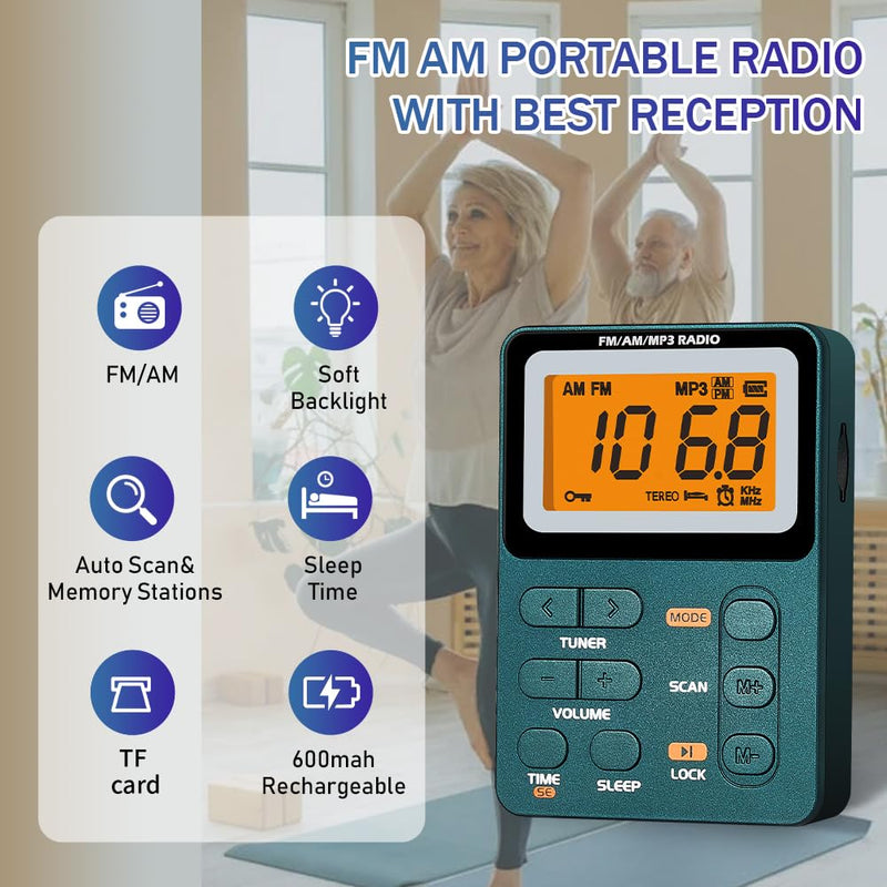 Portable Radio AM FM, Rechargeable Pocket Radio with Best Reception Digital Tuning, MP3, Stereo Earphone, Large LCD Screen, TF Card Socket, Transistorfor Radio for Jogging/Gym/Camping…