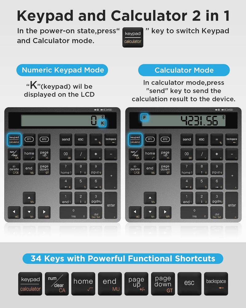 Rechargeable Wireless Number Pad for Laptop, Dual Bluetooth Number Keypad with Calculator Display, 34-Key Numeric Keypad for Windows, Mac, PC, Tablet Black