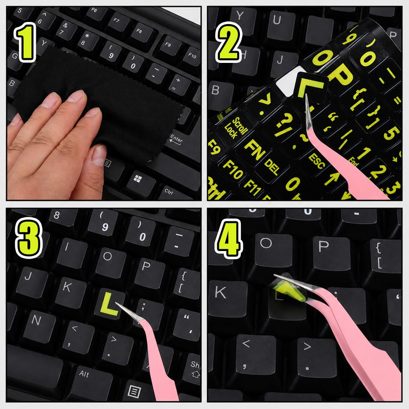 2PCS Large English Keyboard Stickers for PC Computer Desktop Keyboards | Yellow Lettering Black Background Replacement Keyboard Stickers, With 2 Cleaning Cloth