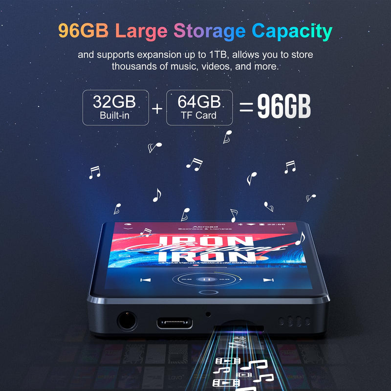 96GB MP3 Player with Bluetooth and WiFi, 4.0'' IPS Touch Screen MP4 Players, Android Music Player Built-in Speaker, Support Spotify, Amazon Music, Deezer, Audible, FM Radio, Expandable Up to 1TB black
