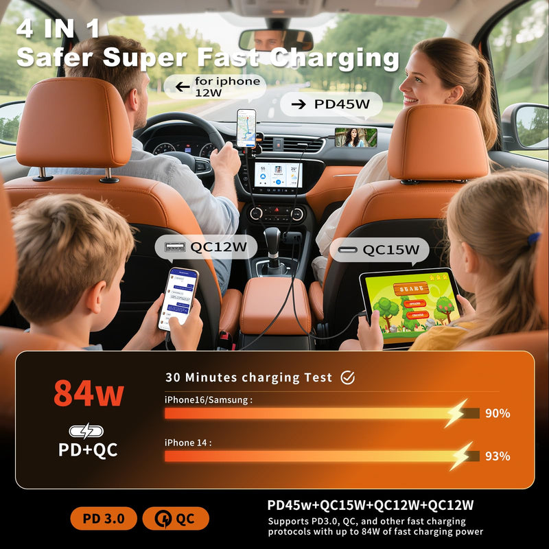 2 Pack 84W Retractable Car Charger, 4-in-1 USB C Fast Charging Adapter | Cigarette Lighter USB Charger Adapter, Fast charge for iPhone 17-11 & Samsung, Ideal Car Accessories & Gifts for Men Women 2 Pack