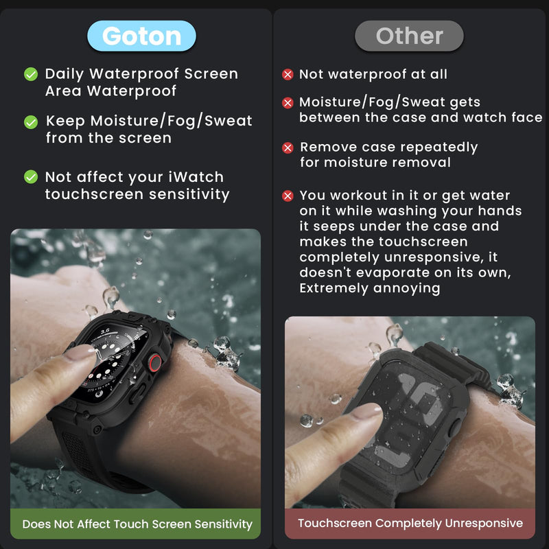 Goton 3 in 1 Waterproof Case and Band with Tempered Glass Screen Protector for Apple Watch Series 9 8 7 6 5 4 SE Ultra 44mm 40mm 45mm 41mm 49mm, Hard PC Front&Back Bumper Cover for iWatch Accessories Matte Black