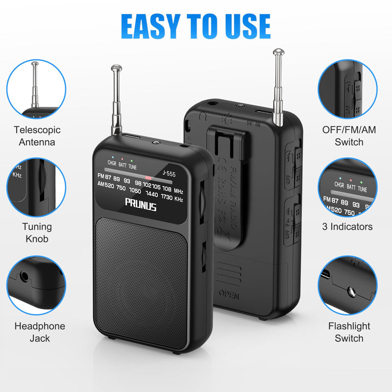 J-555 Pocket Radio AM FM USB-C Charging& Battery Operated, Excellent Reception& Clear Speaker and Headphone Jack, Back Clip, Flashlight, Transistor Radio, Portable Radio AM FM, Mini Radio Black