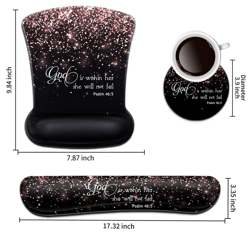 Keyboard Wrist Rest Pad and Ergonomic Mouse Pad Wrist Support Set Psalm 46:5 God is Within Her,She Will Not Fall Rose Gold Black for Gaming,Office,Comfortable and Pain Relief with Coaster Set Fd-wristrest-2-12