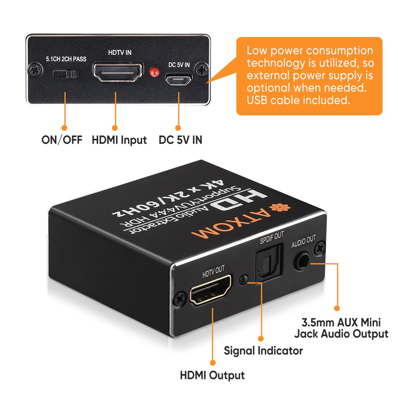 HDMI Audio Extractor 4K 60Hz HDMI to Optical SPDIF + 3.5mm AUX RCA Stereo Audio Splitter Converter Supports HDR10, HDMI 2.0, HDCP, 1080P, Digital DTS, 5.1 Sound Channels, PCM, EDID